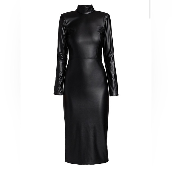 27. Alice + Olivia Delora Vegan Leather Mock Neck Open Back Dress in Black - Picture 3 of 8